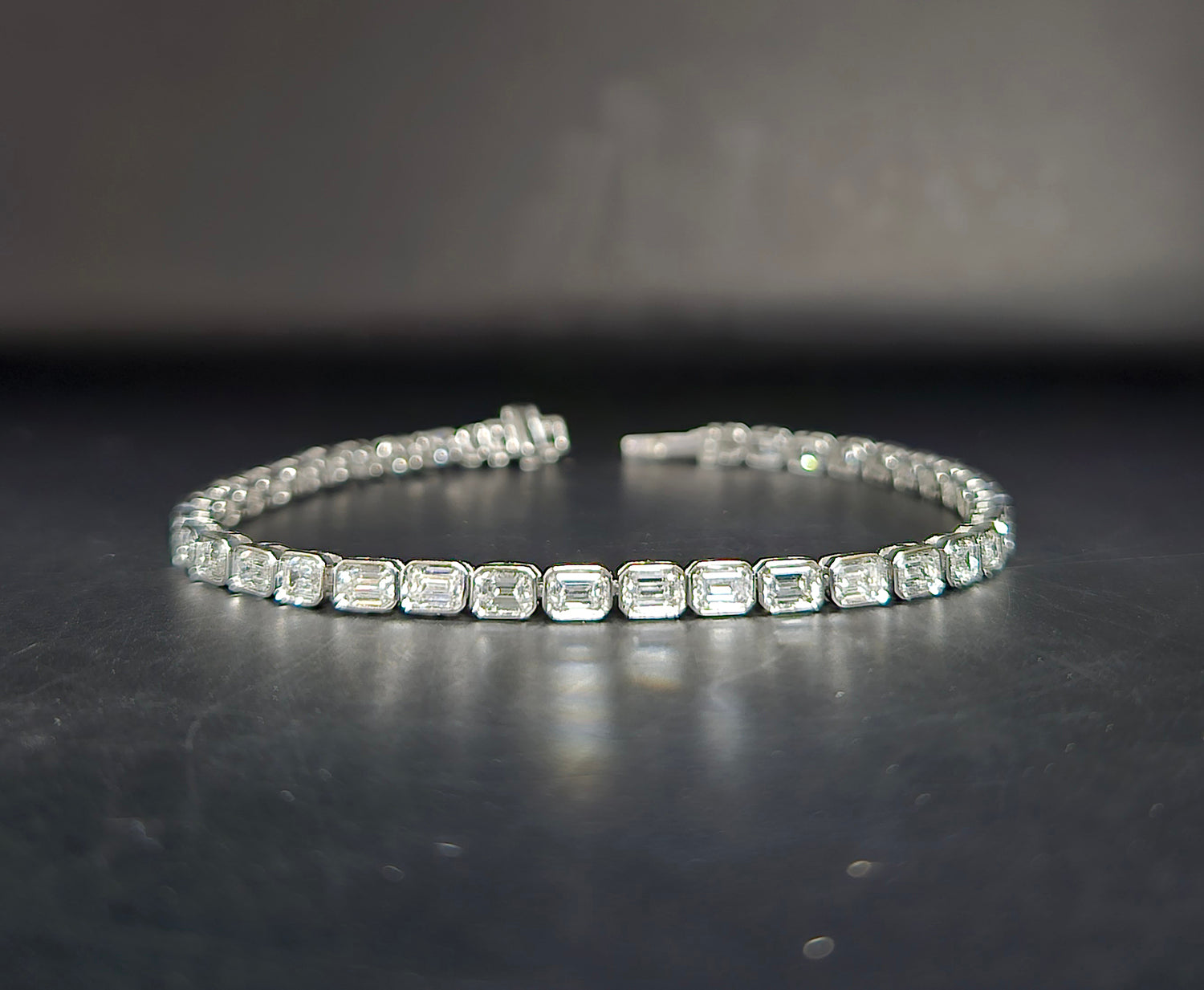 7" 6.25 carat lab-grown emerald cut diamond tennis bracelet in white gold