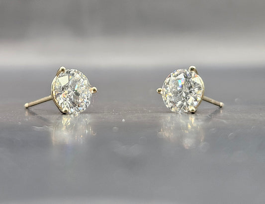 2 carat total weight, 1 carat each, lab-grown diamonds in a 3 prong martini setting stud earring - white gold