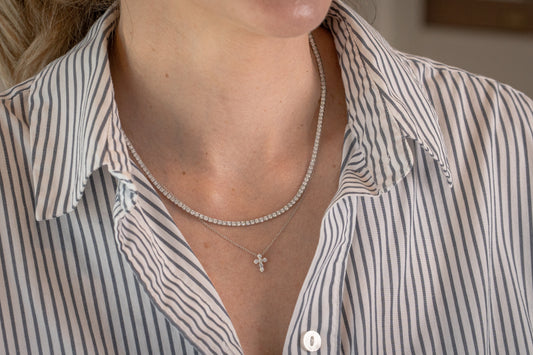 lab-grown 8.4 carat 17" tennis necklace in white gold with 18" 1/4 carat cross pendant in white gold