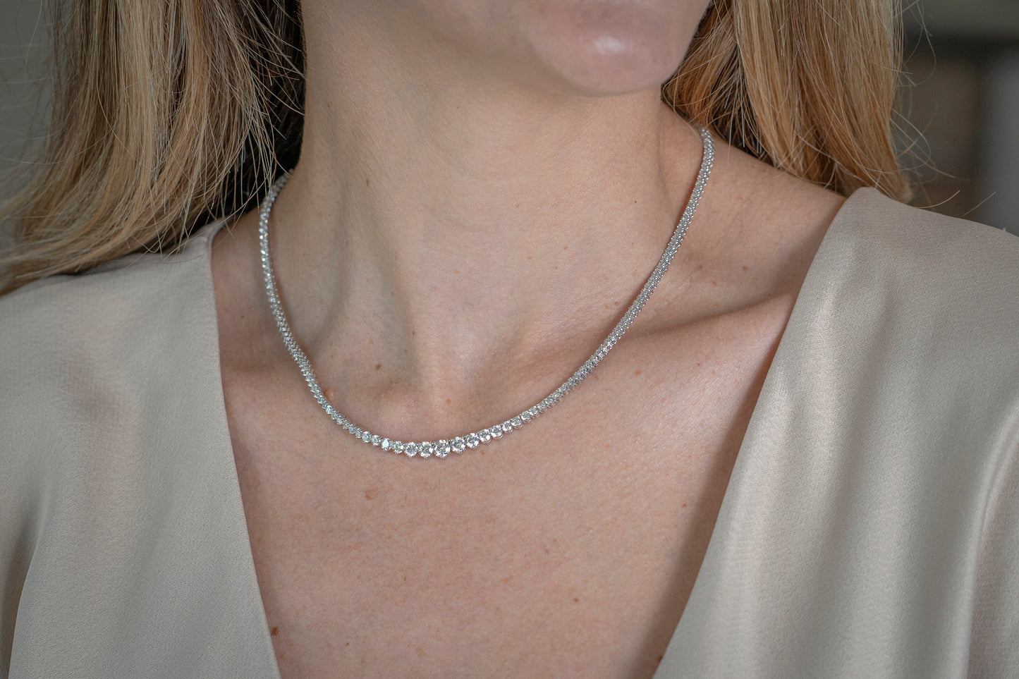 12 carat lab-grown 18" white gold graduated diamond infinity tennis necklace