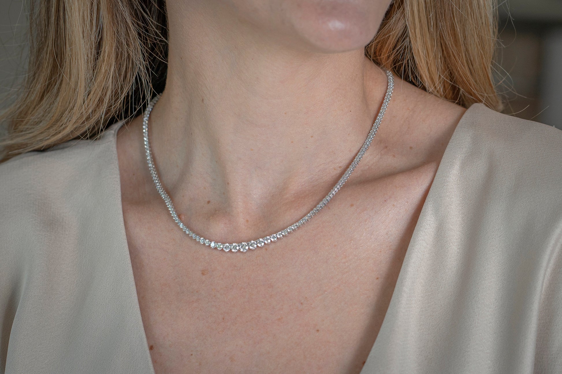 12 carat lab-grown 18" white gold graduated diamond infinity tennis necklace